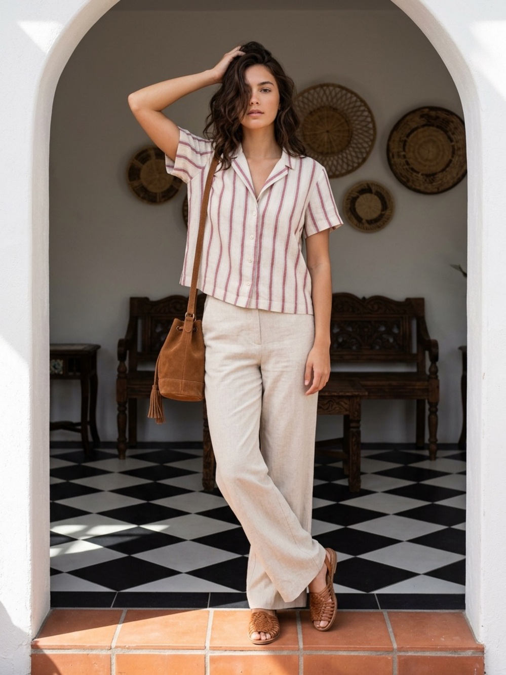 Universal Thread Linen Striped Button Up Short Sleeve Top